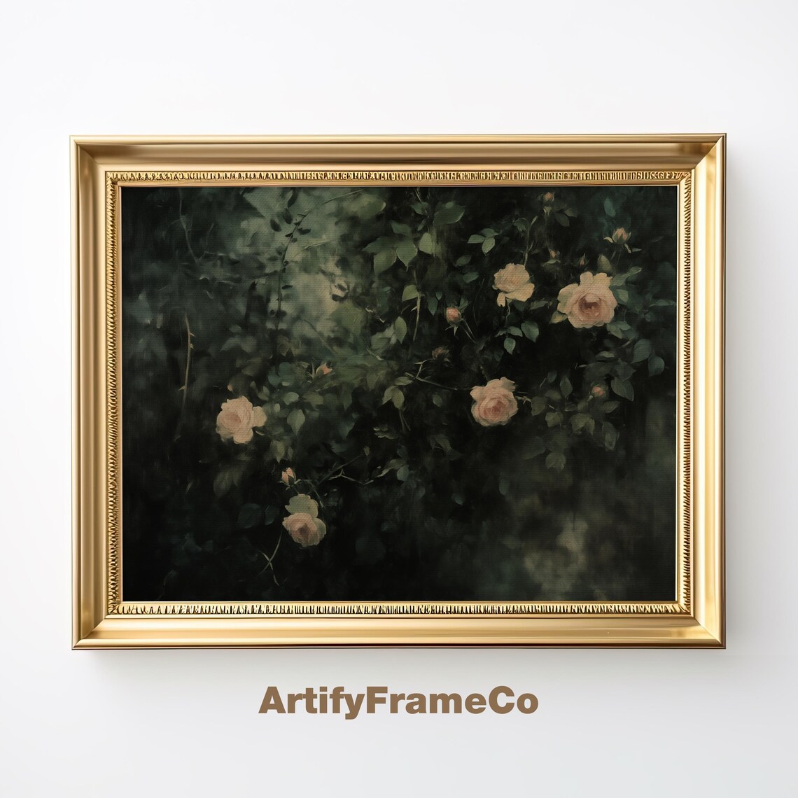 Moody Wild Roses And Ivy Dark Green Vintage Botanical Oil Painting Art Print
