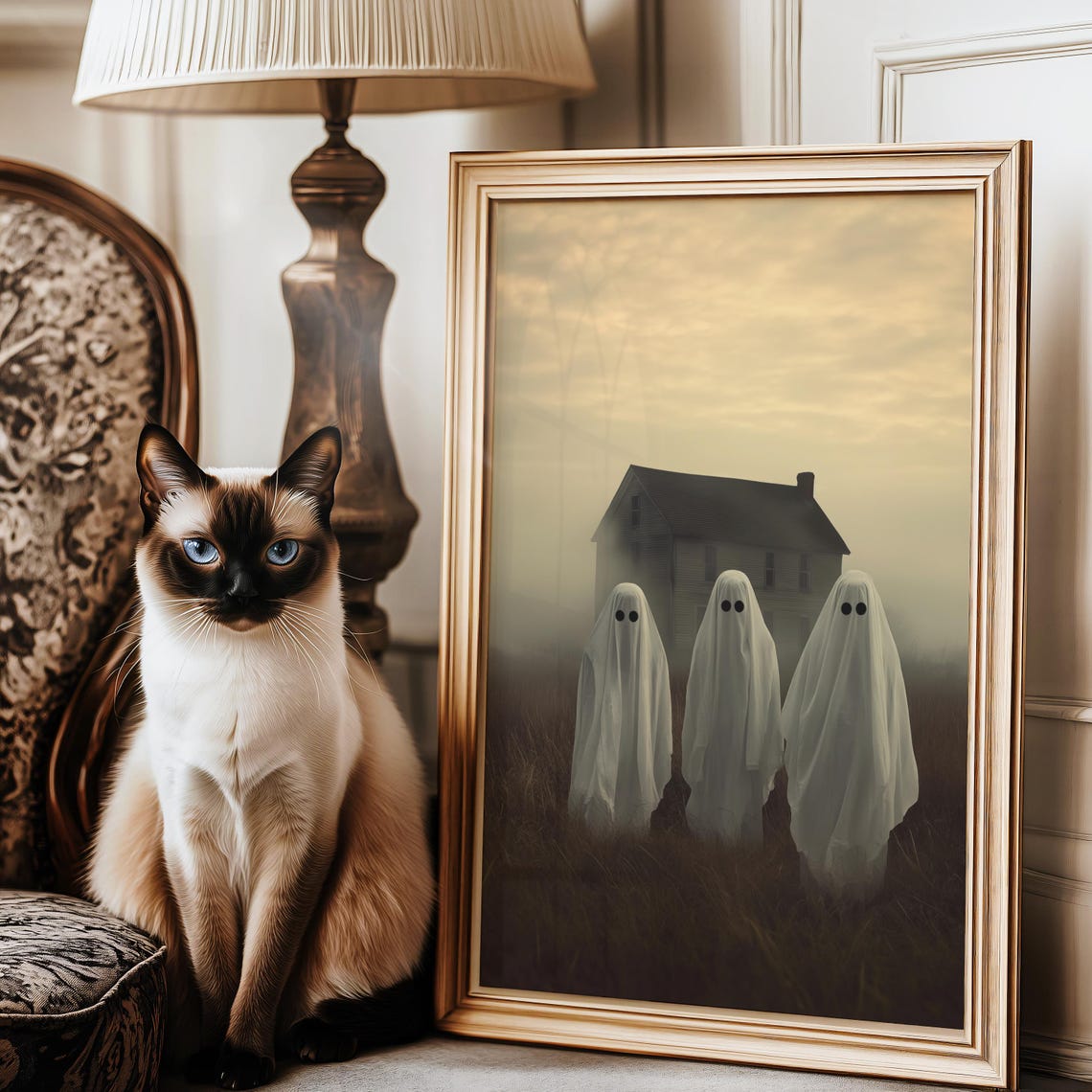 Three Sheet Ghosts In Field Before An Old House At Dusk Poster - Image 3