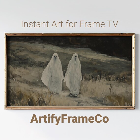 Two Ghosts Walking a Foggy Path Misty Grey Vintage Halloween Wall Art