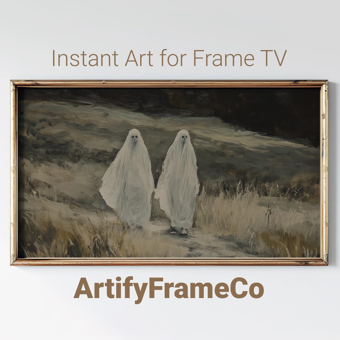 Two Ghosts Walking a Foggy Path Misty Grey Vintage Halloween Wall Art