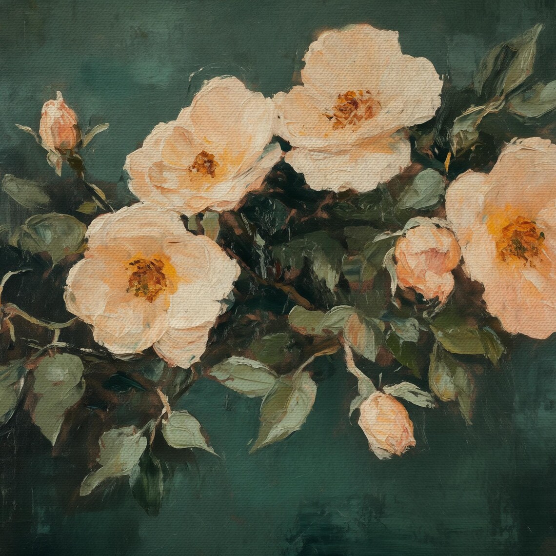 Cream Wild Roses With Buds On Dark Green Vintage Botanical Art Print - Image 4
