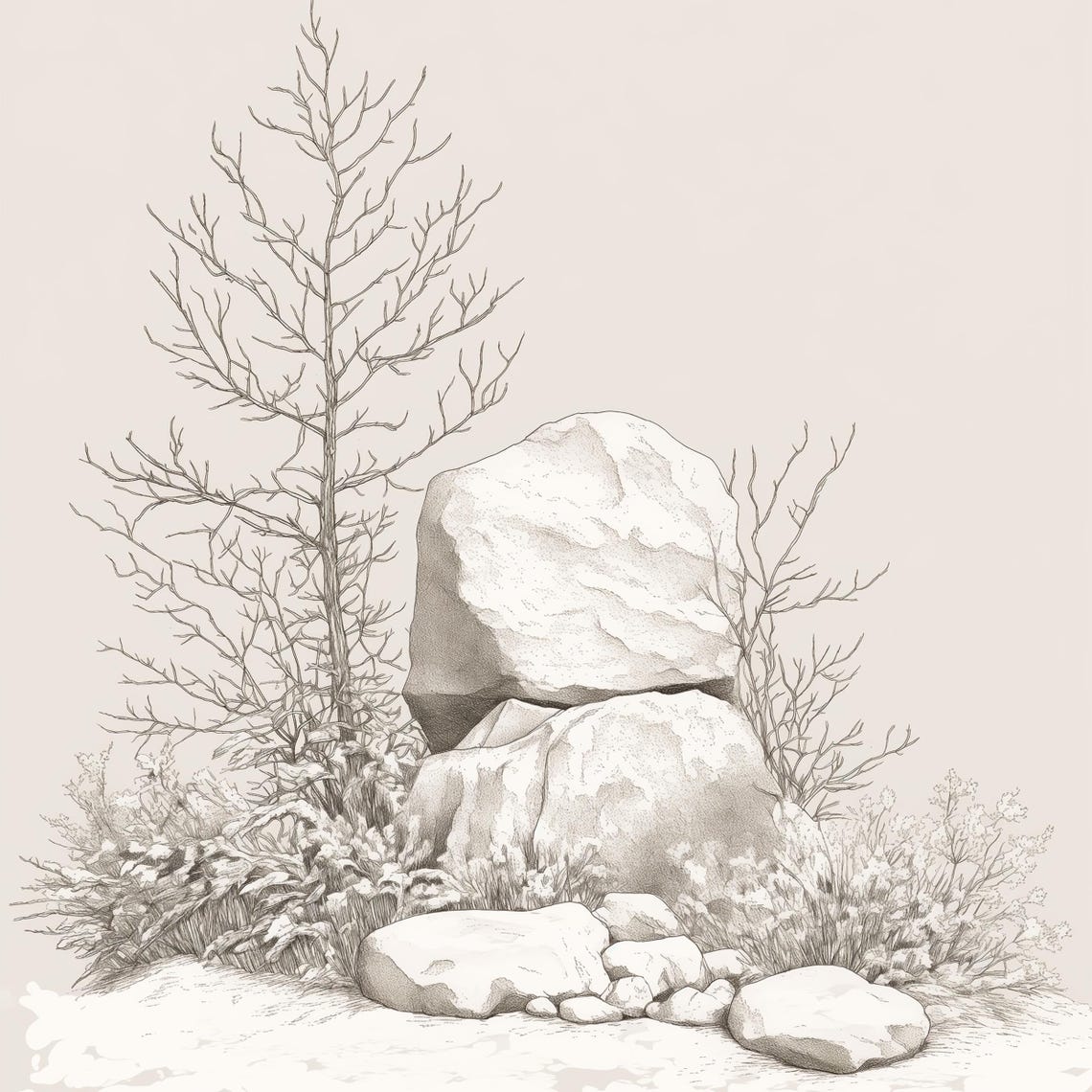 Snow Covered Rocks With Bare Branches Winter Still Life Poster - Image 4