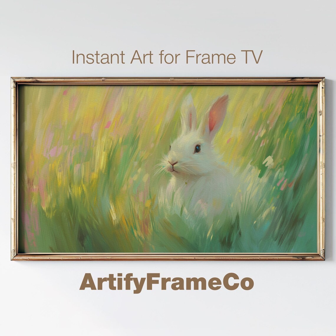 White Bunny In Sunny Spring Meadow Impressionist Wildlife Wall Art Poster
