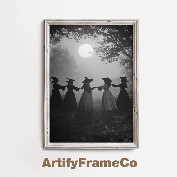 Five Witches Dancing In Circle Under The Full Moon Night Poster