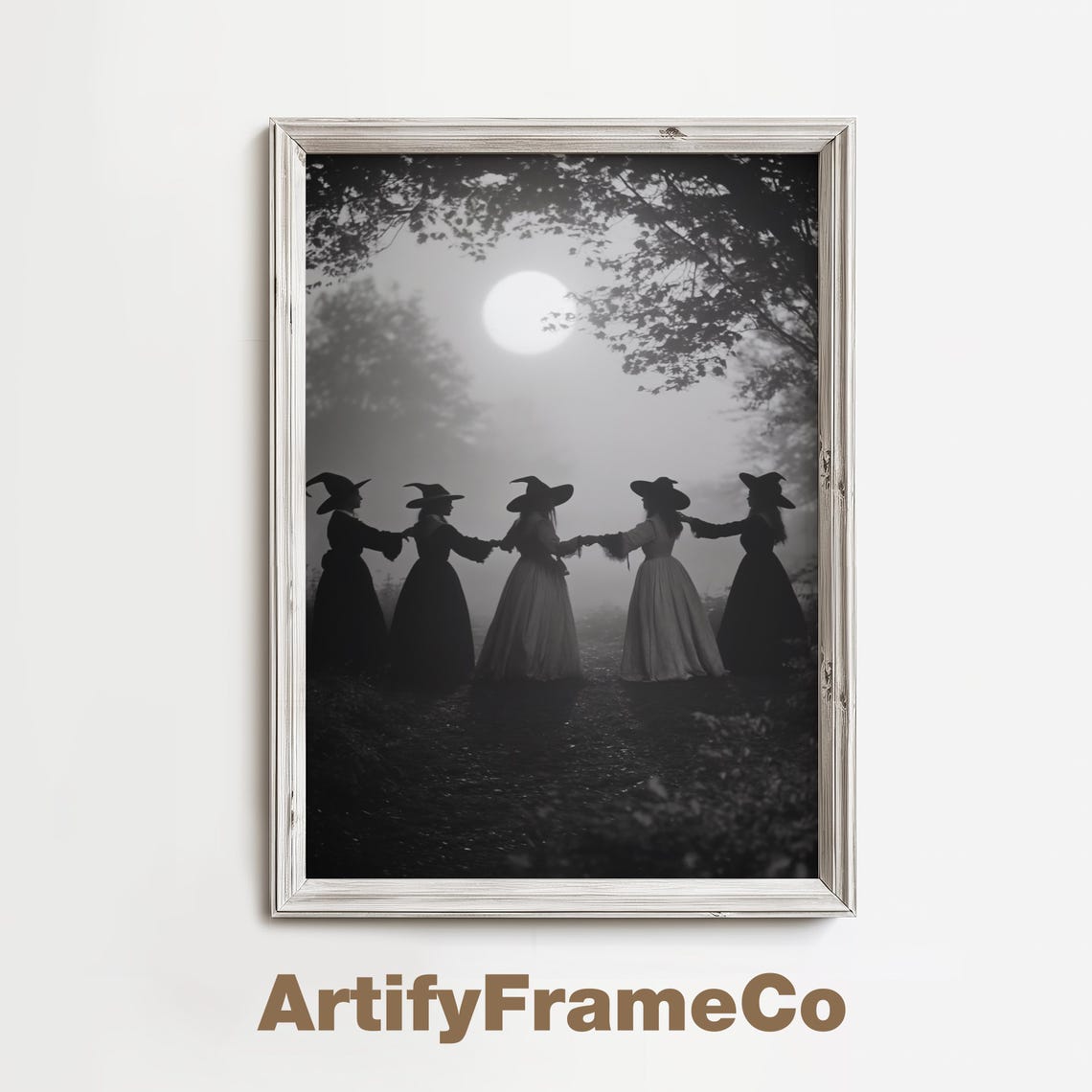 Five Witches Dancing In Circle Under The Full Moon Night Poster