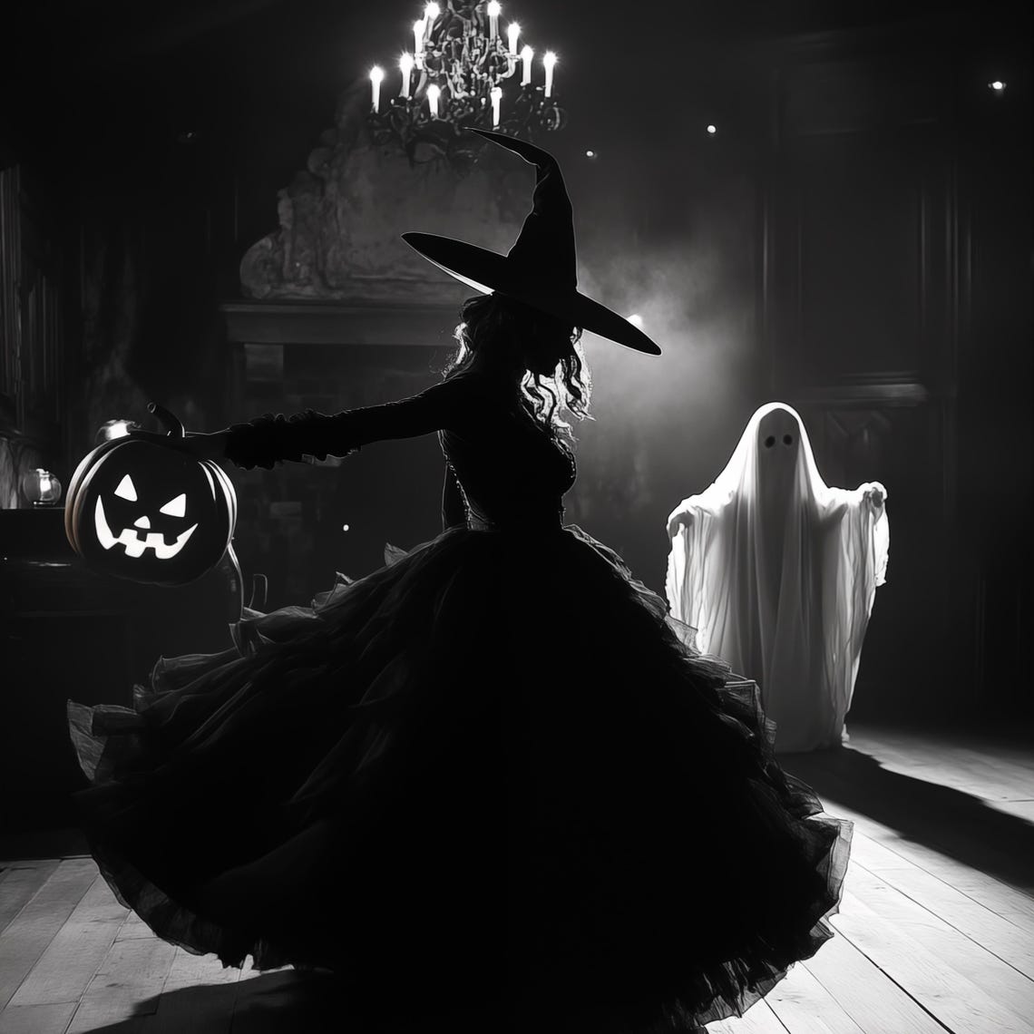 Dancing Witch And Ghost Spooky Black And White Halloween Poster - Image 4