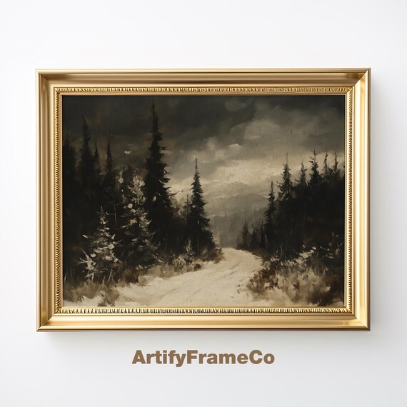 Wall Art Vintage Winter Forest Oil Painting Snowy Landscape Art Moody Dark Wall Art For Study Room Wh0014