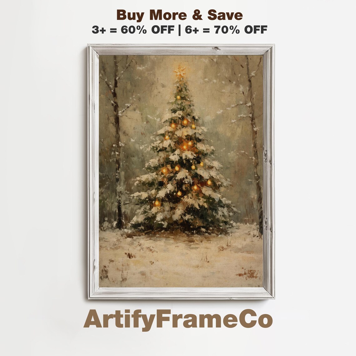 Snowy Christmas Tree in Woods Glowing Lights Winter Wonderland Poster