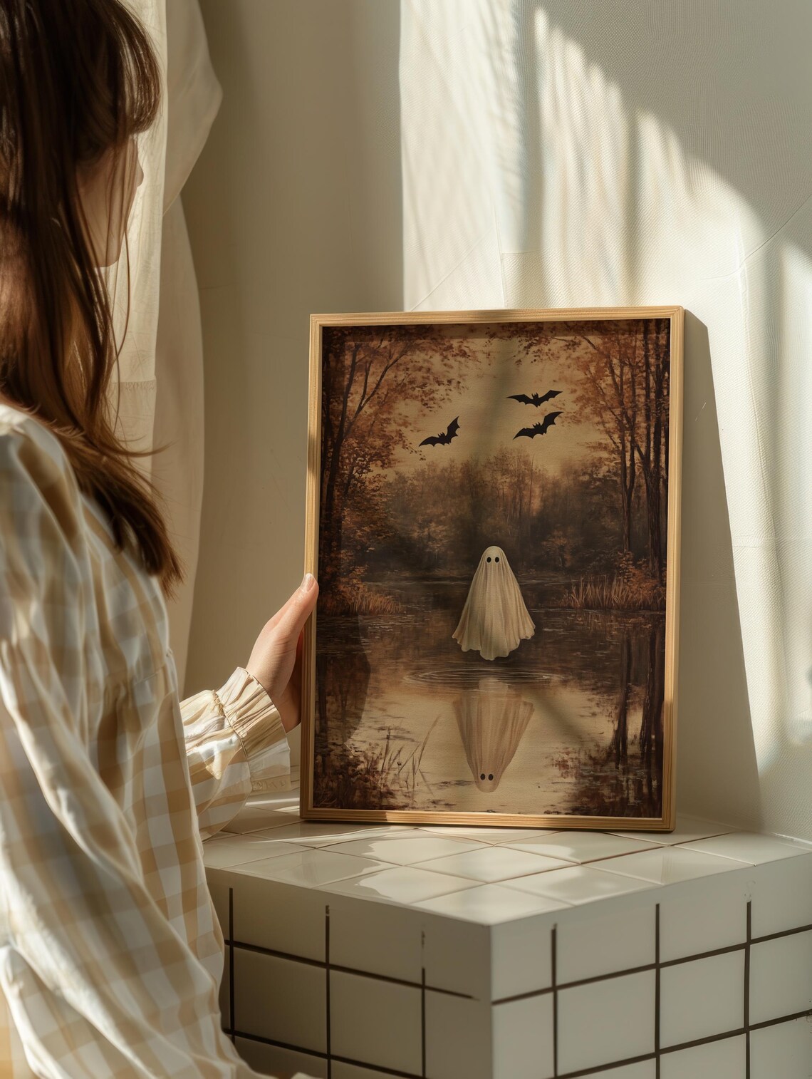 Ghost Over an Autumn Lake With Reflection Vintage Halloween Oil Painting Wall Art - Image 2