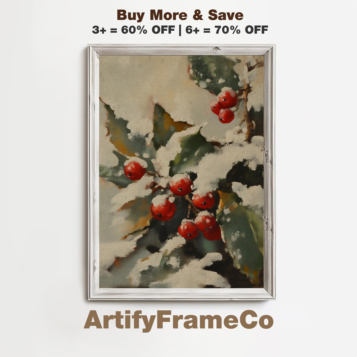 Snowy Holly Berries Branch Close Up Frosted Winter Botanical Poster