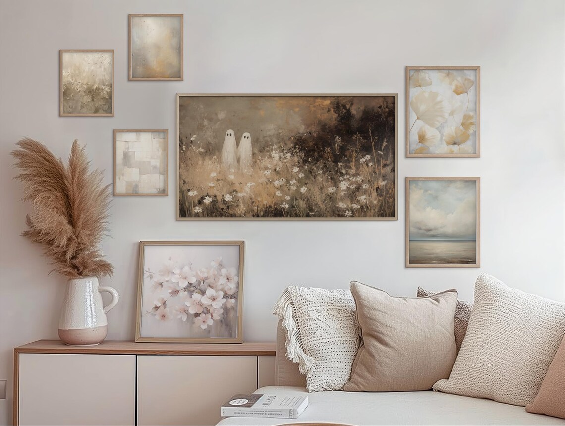 Two Ghosts in a Golden Wildflower Field Vintage Warm Sepia Halloween Wall Art - Image 2
