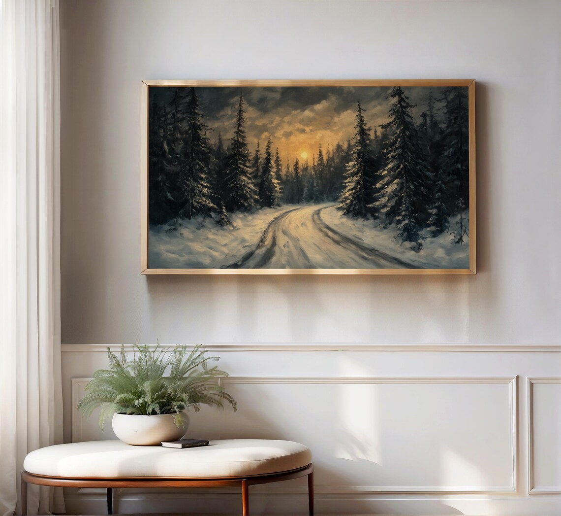 Snowy Forest Road Sunset Dark Pines Winter Frame TV Art Poster - Image 3