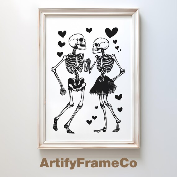 Dancing Skeleton Lovers With Hearts Minimalist Halloween Poster
