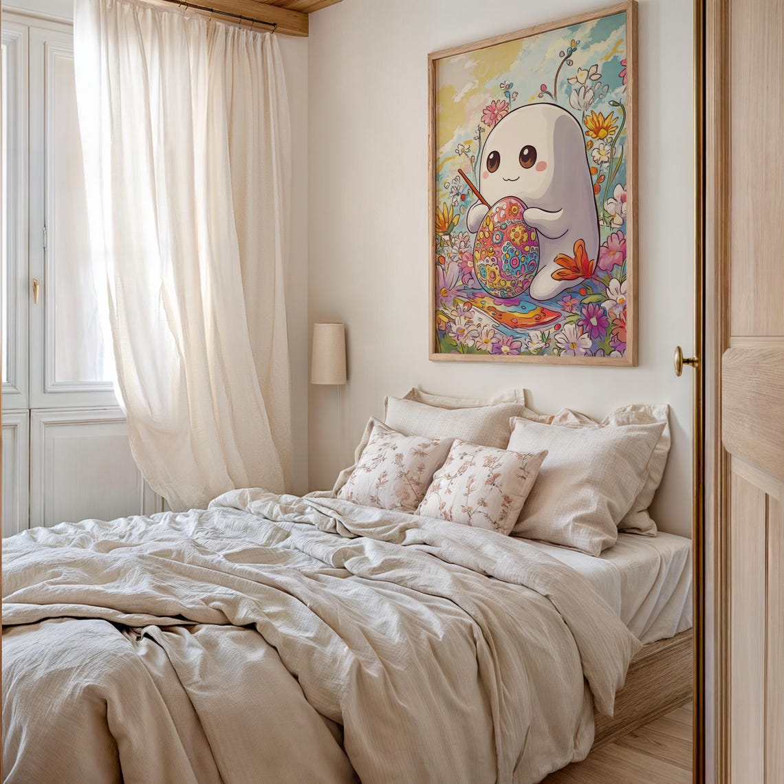 Cute Ghost Painting An Easter Egg Kawaii Spring Garden Poster - Image 2
