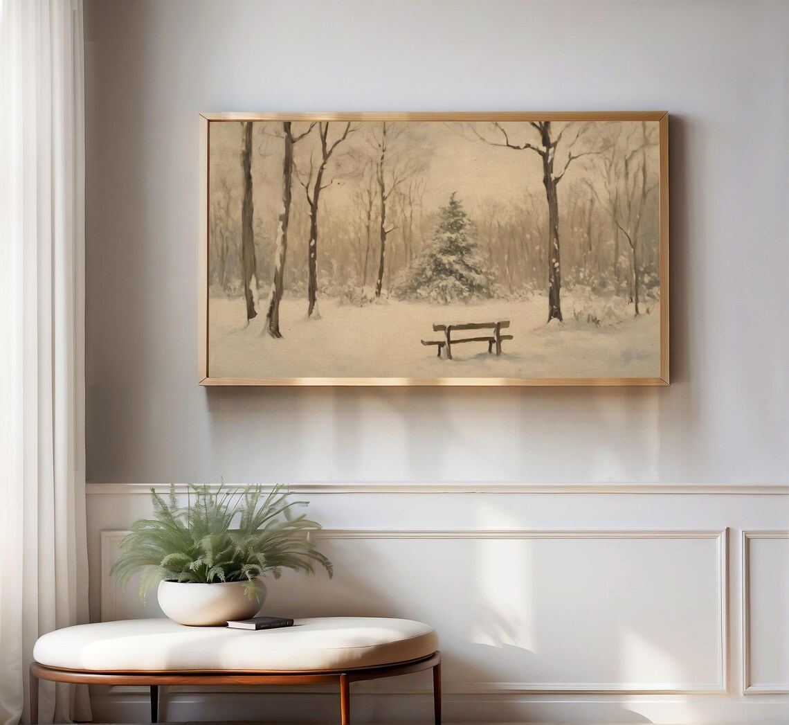 Snowy Winter Forest Bench Vintage Sepia Landscape Oil Painting Poster - Image 3
