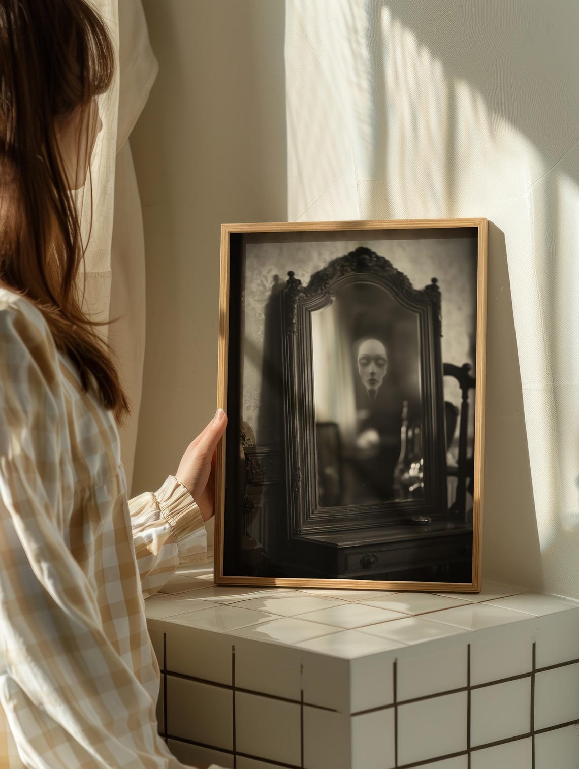 Haunted Mirror With Ghostly Face Reflection Vintage Style Poster - Image 2