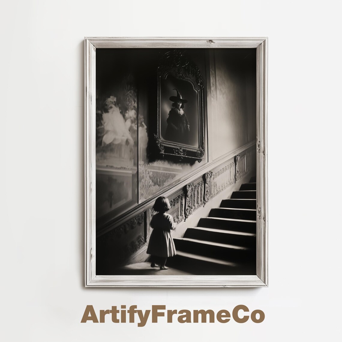 Ghostly Child On Staircase With Witch Portrait Vintage Poster