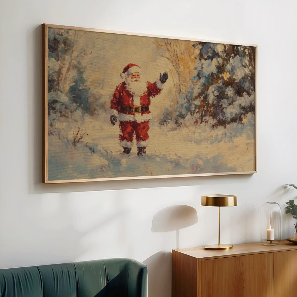 Santa Waving in Snowy Forest Rustic Vintage Christmas Scene Poster - Image 2