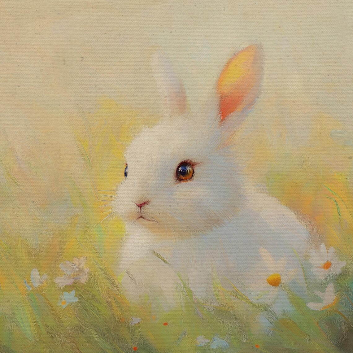 White Bunny Rabbit Among Daisies Spring Wildflowers Dreamy Pastel Art Print - Image 4