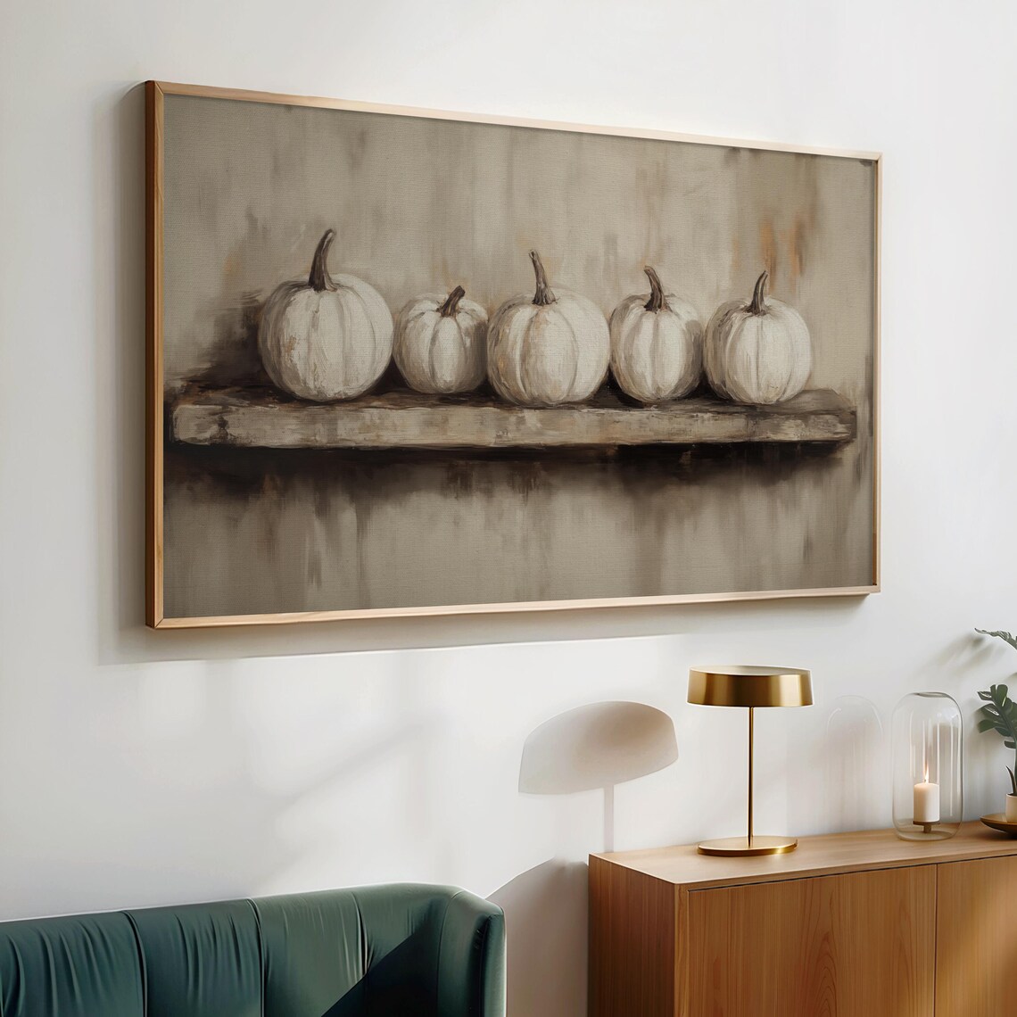 Five White Pumpkins on a Wooden Shelf Rustic Minimalist Fall Still Life Wall Art - Image 4