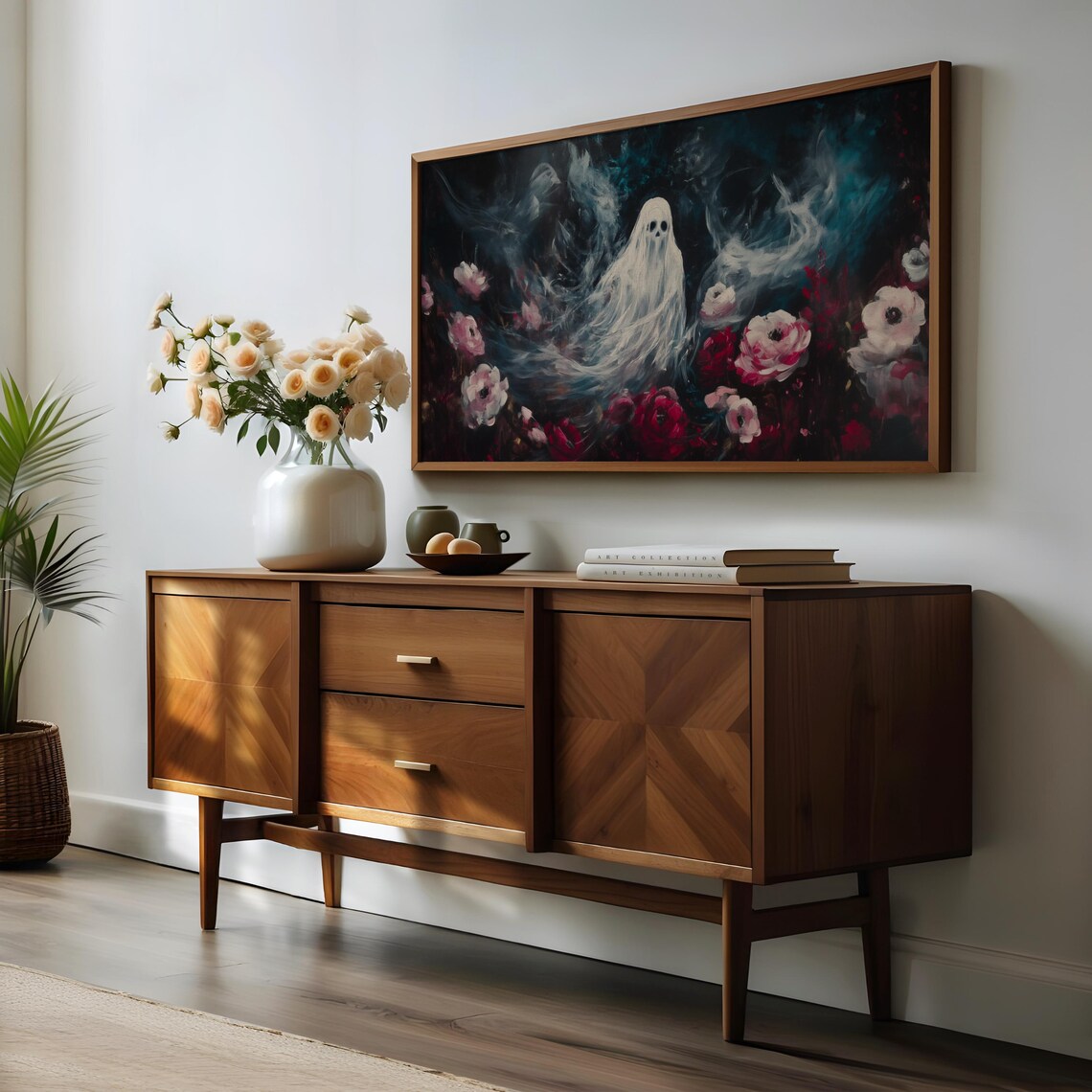 Ethereal Ghost in a Dark Floral Night Garden Moody Halloween Oil Painting Wall Art - Image 3