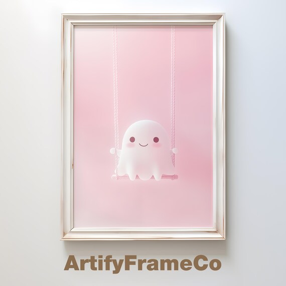 Cute Ghost Sitting On A Swing In Pastel Pink Minimalist Poster