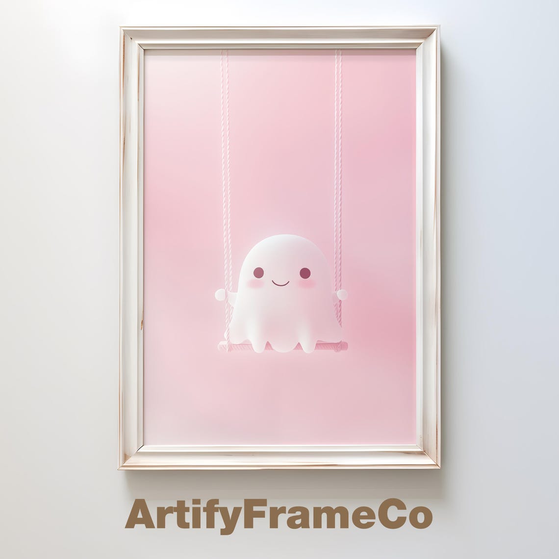 Cute Ghost Sitting On A Swing In Pastel Pink Minimalist Poster