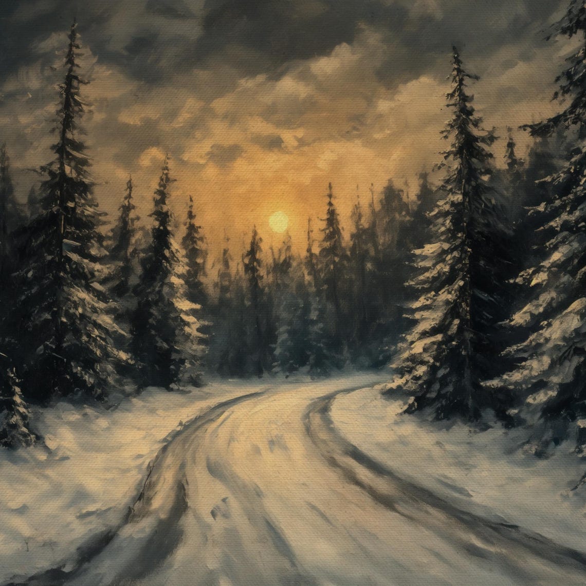 Snowy Forest Road Sunset Dark Pines Winter Frame TV Art Poster - Image 4