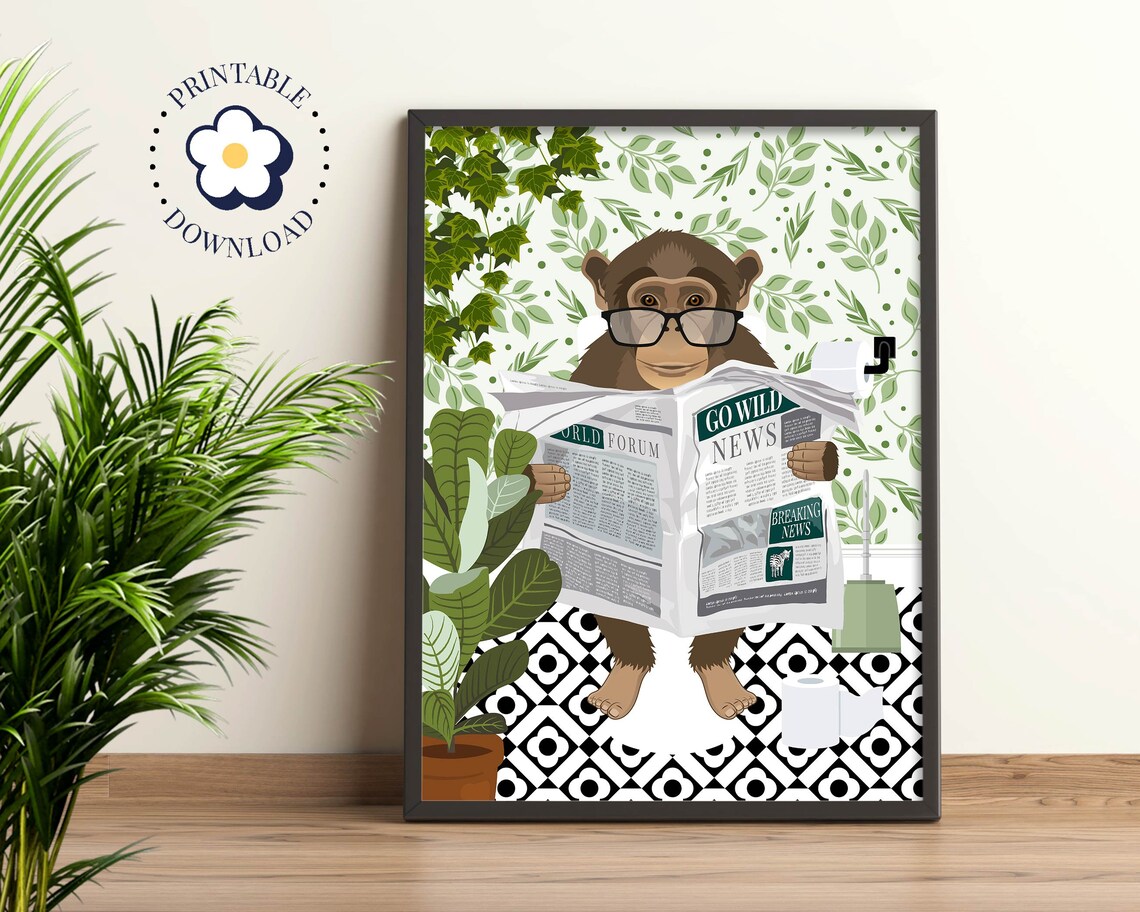 Monkey On Toilet Boho Bathroom Art Print