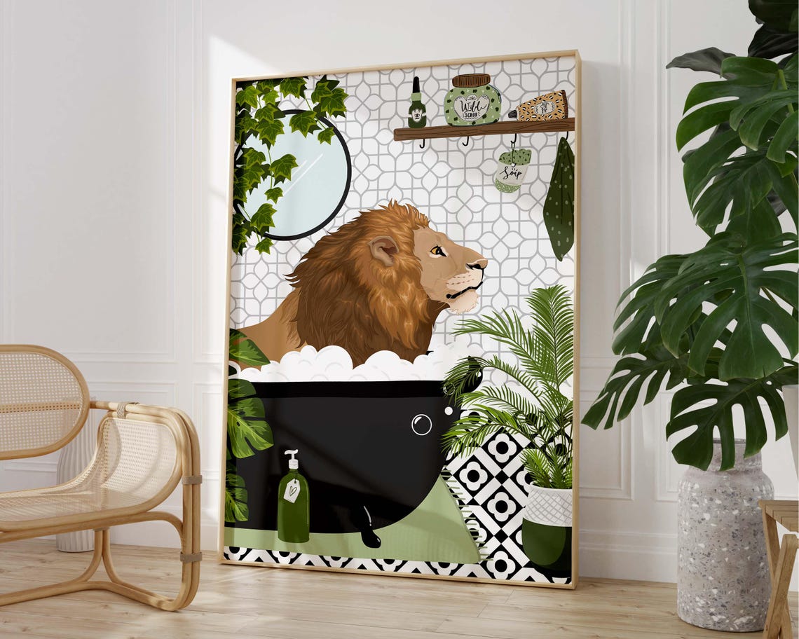 Lion Bubble Bath Funny Poster With Wild Bathroom Animal Decor Art