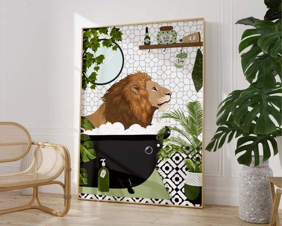 Lion Black And White Bathroom Wall Art Funny Animal Prints Toilet Kids Decor Maximalist Poster