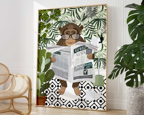 Monkey Bathroom Wall Art, Maximalist Tropical Poster