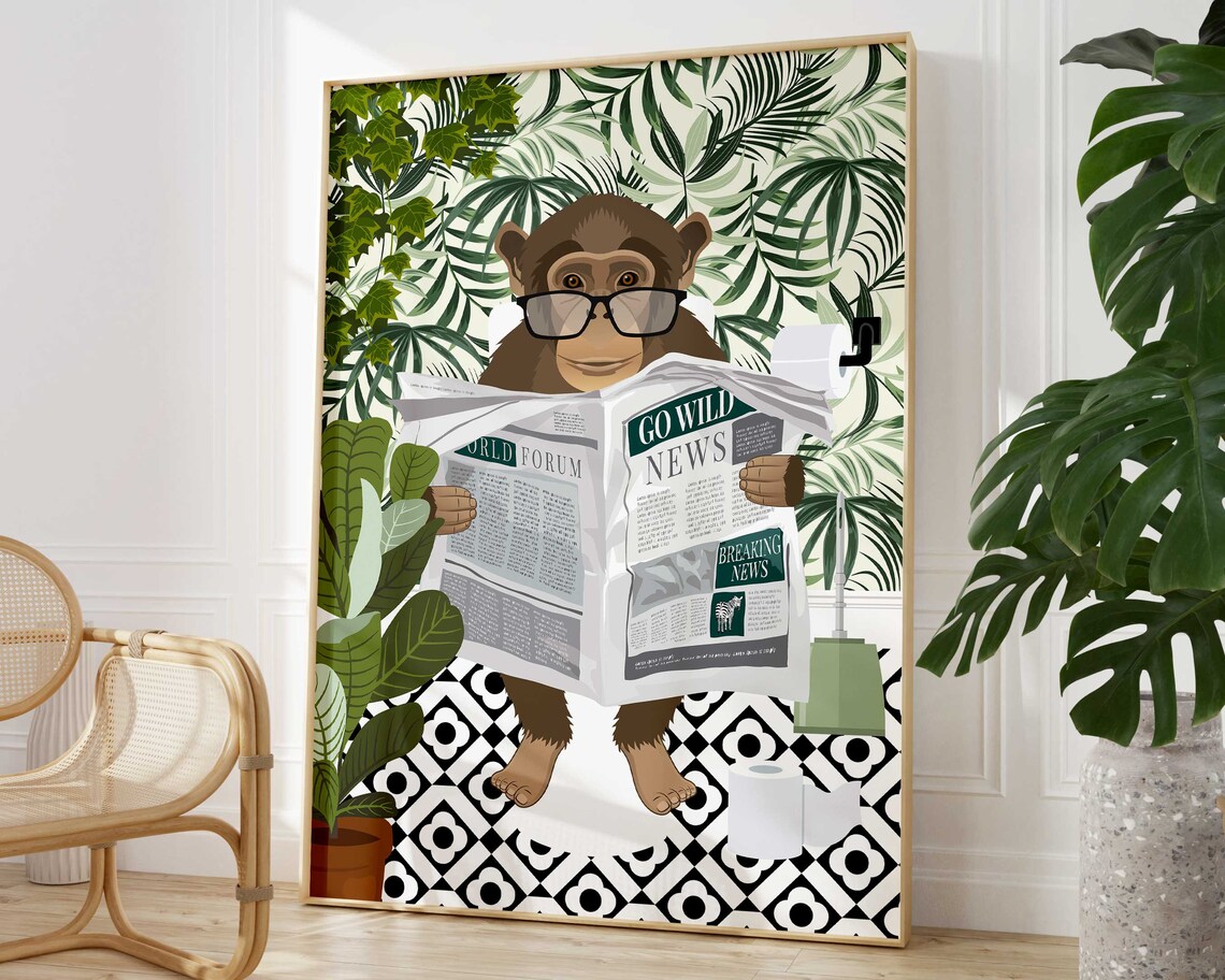 Monkey Bathroom Wall Art, Maximalist Tropical Poster