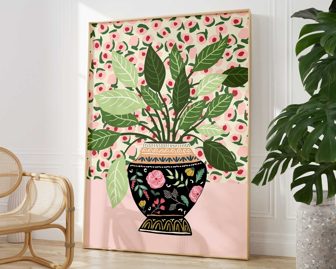 Antique Vase Modern Plants Poster, Pink Floral Botanical
