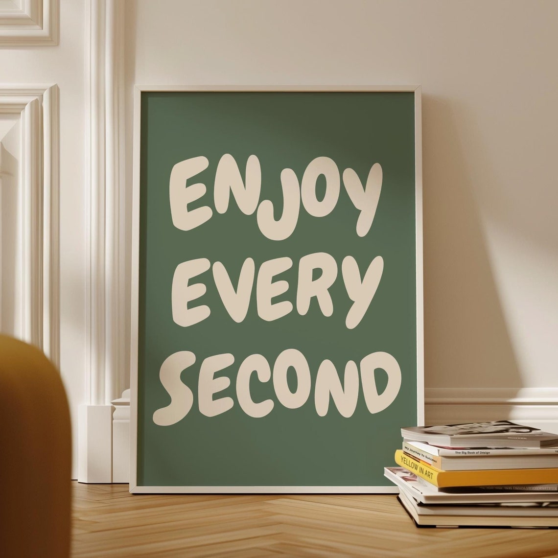 Enjoy Every Second Cream Bubble Letters Green Retro Quote Poster