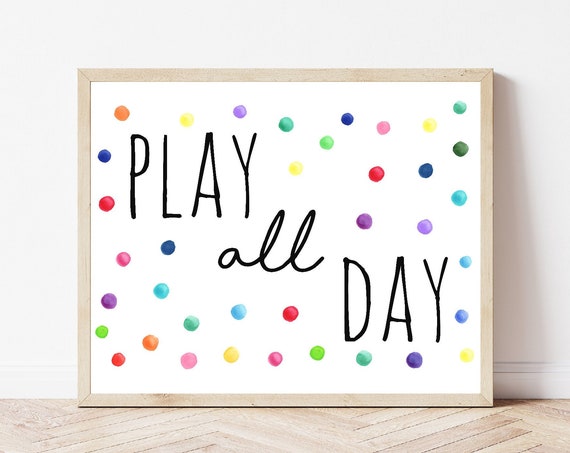 Play All Day Playroom Wall Art Kids Print Bright Rainbow Decor Preschool Poster Toddler Gallery Polka Dot Fun