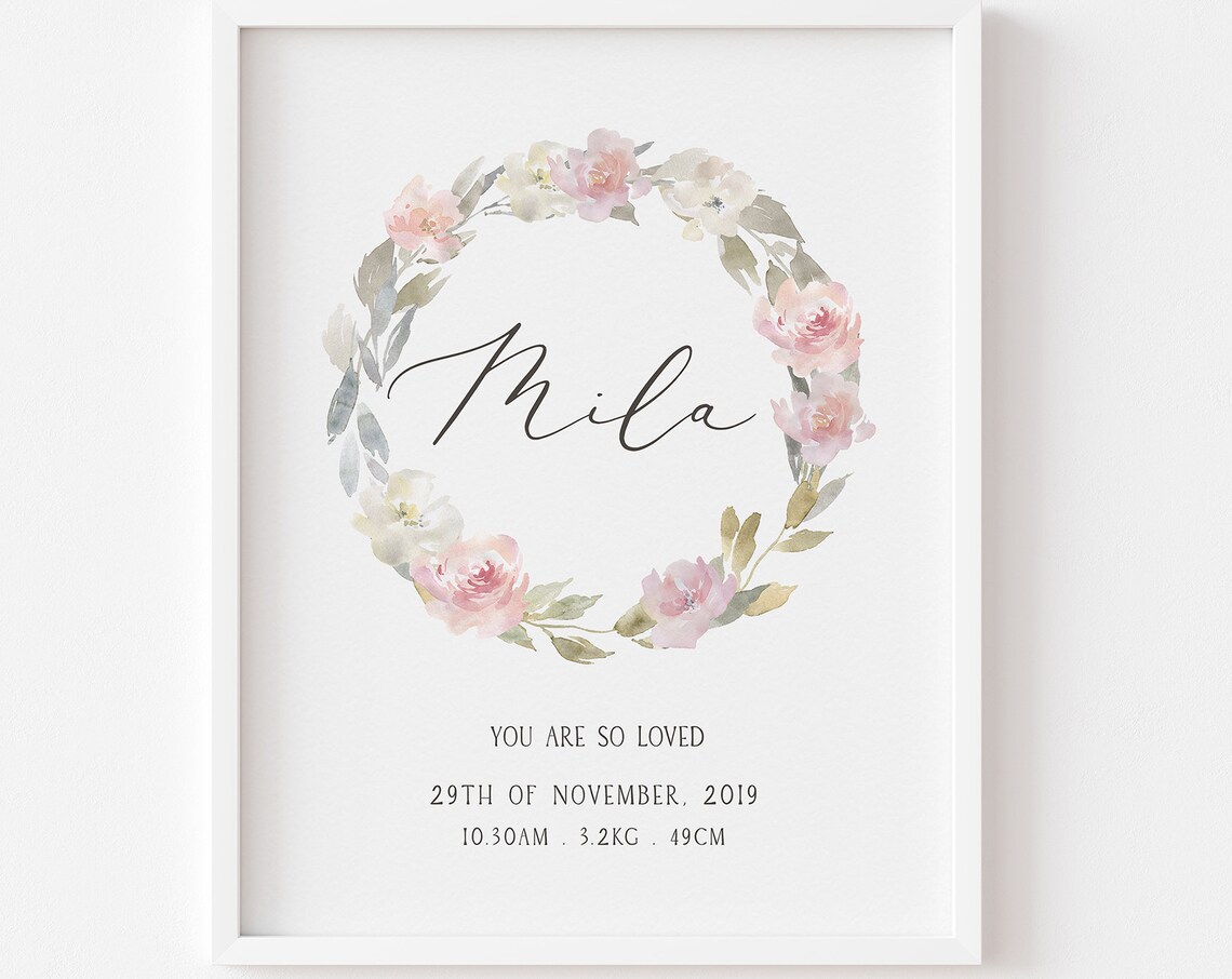 Girls Nursery Floral Personalized Name Art Print