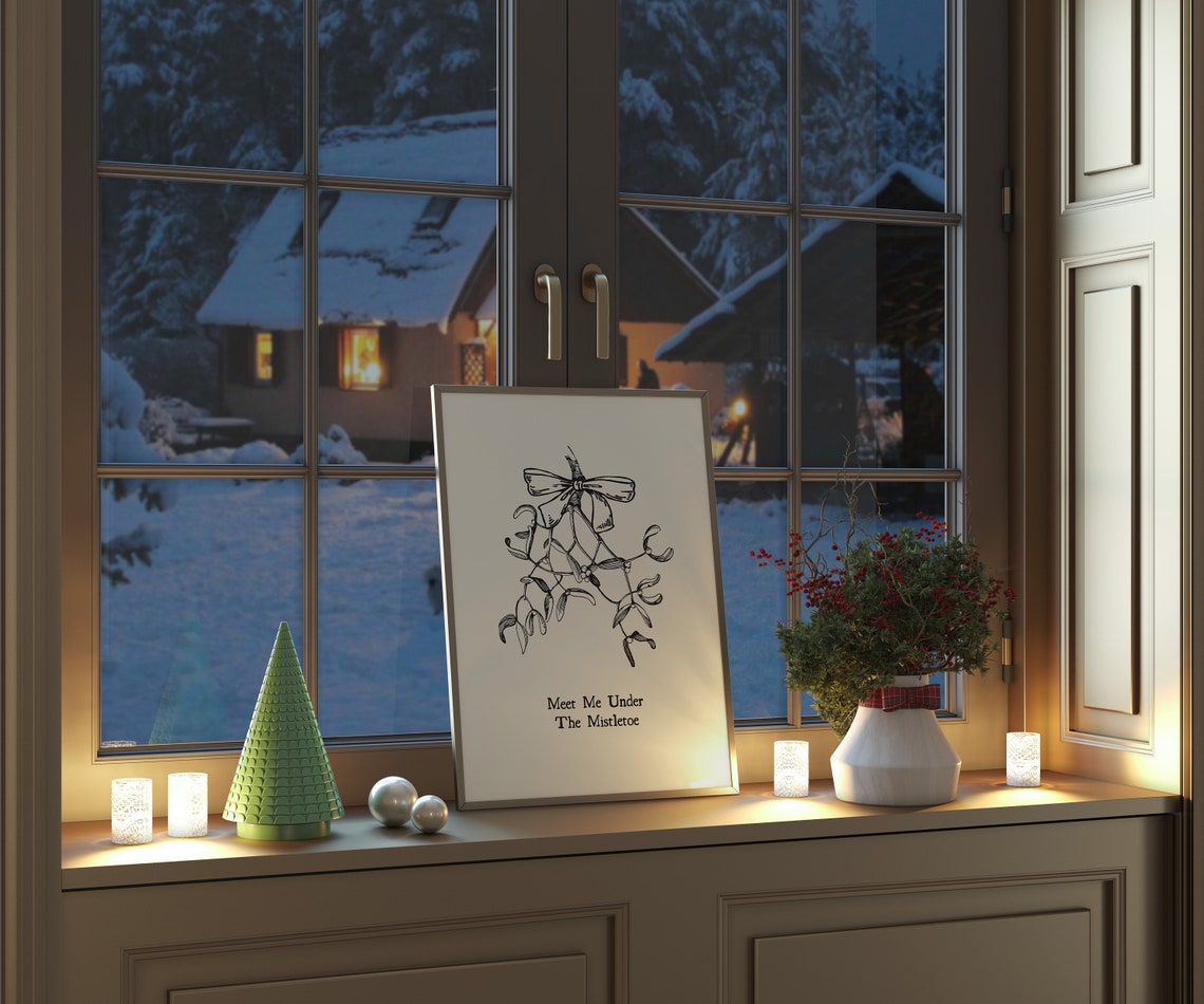 Meet Me Under The Mistletoe Vintage Bow Botanical Christmas Poster - Image 2