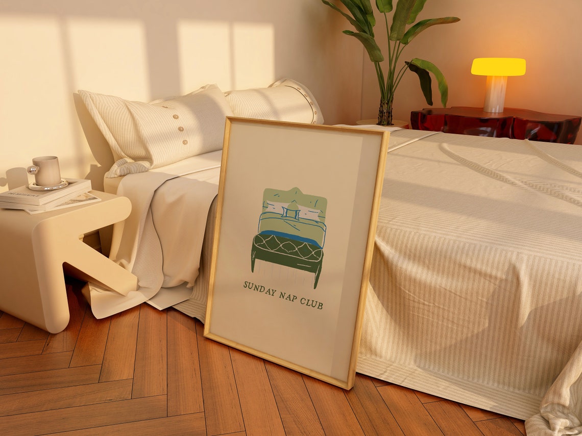 Sunday Nap Club Green Bed Cozy Bedroom Illustration Decor Poster - Image 2