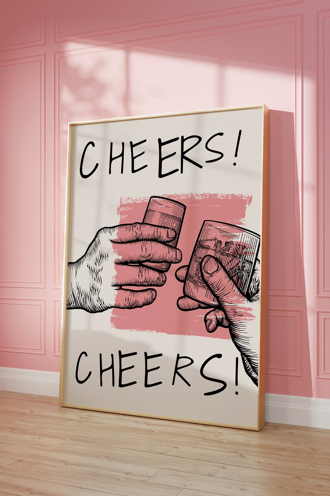 Cheers Shot Glasses Poster Bar Cart Art Hand Drawn Party Decor - Image 2