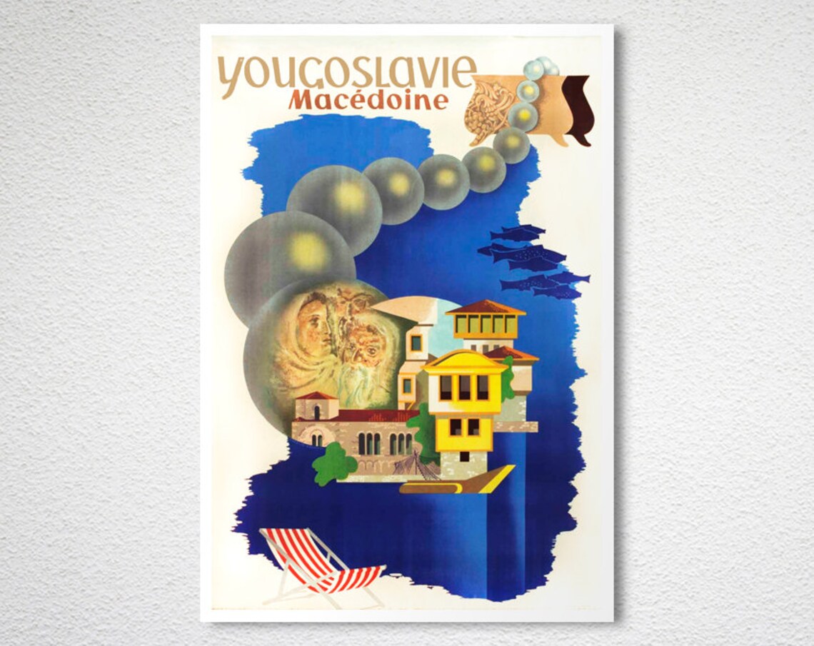 Yugoslavia Macedonia Balkan Lakeside Sunny Vintage Travel Poster - Image 2