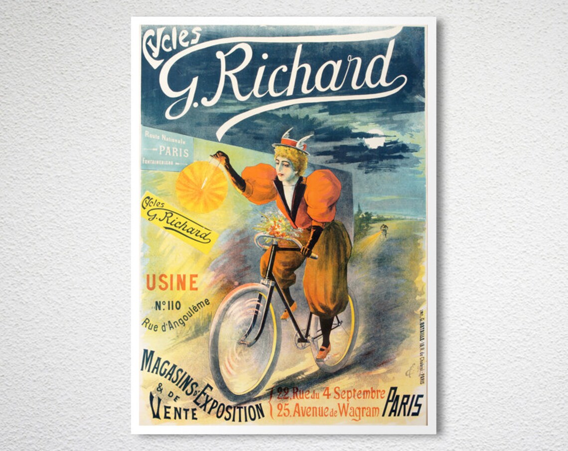 Cycles G Richard Vintage French Woman Bicycle Night Advertising Poster - Image 2