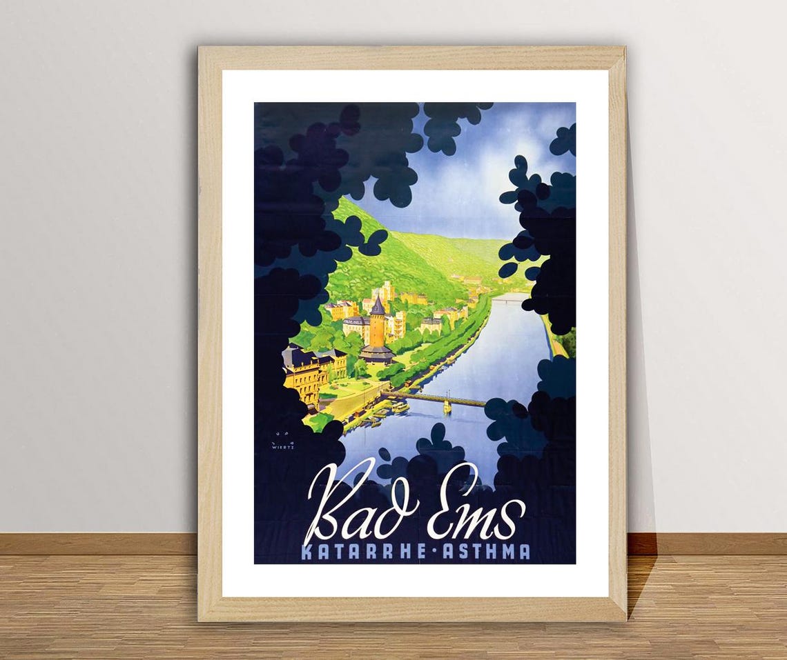 Bad Ems Germany River Lahn Valley Spa Town Vintage Travel Poster