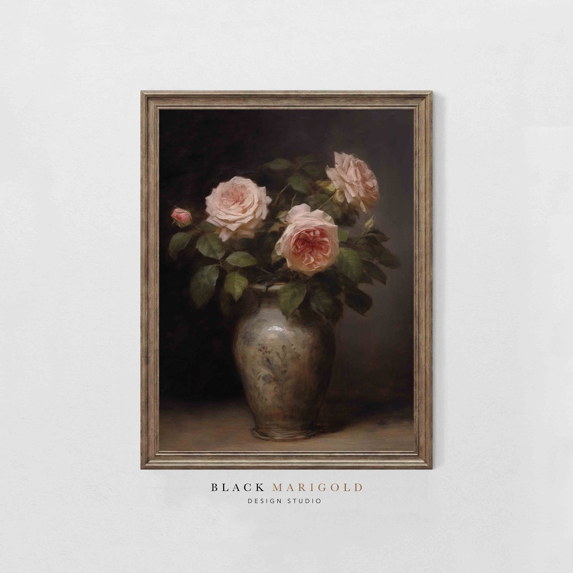 Pale Roses in Ceramic Vase on Dark Moody Gothic Style Poster - Image 2