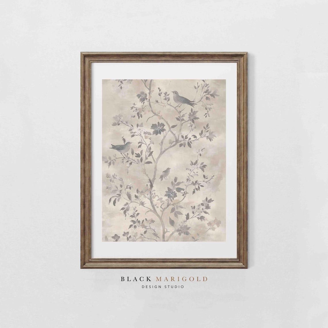 Chinoiserie Birds on Blossoming Branches in Neutral Tones Wall Art - Image 2