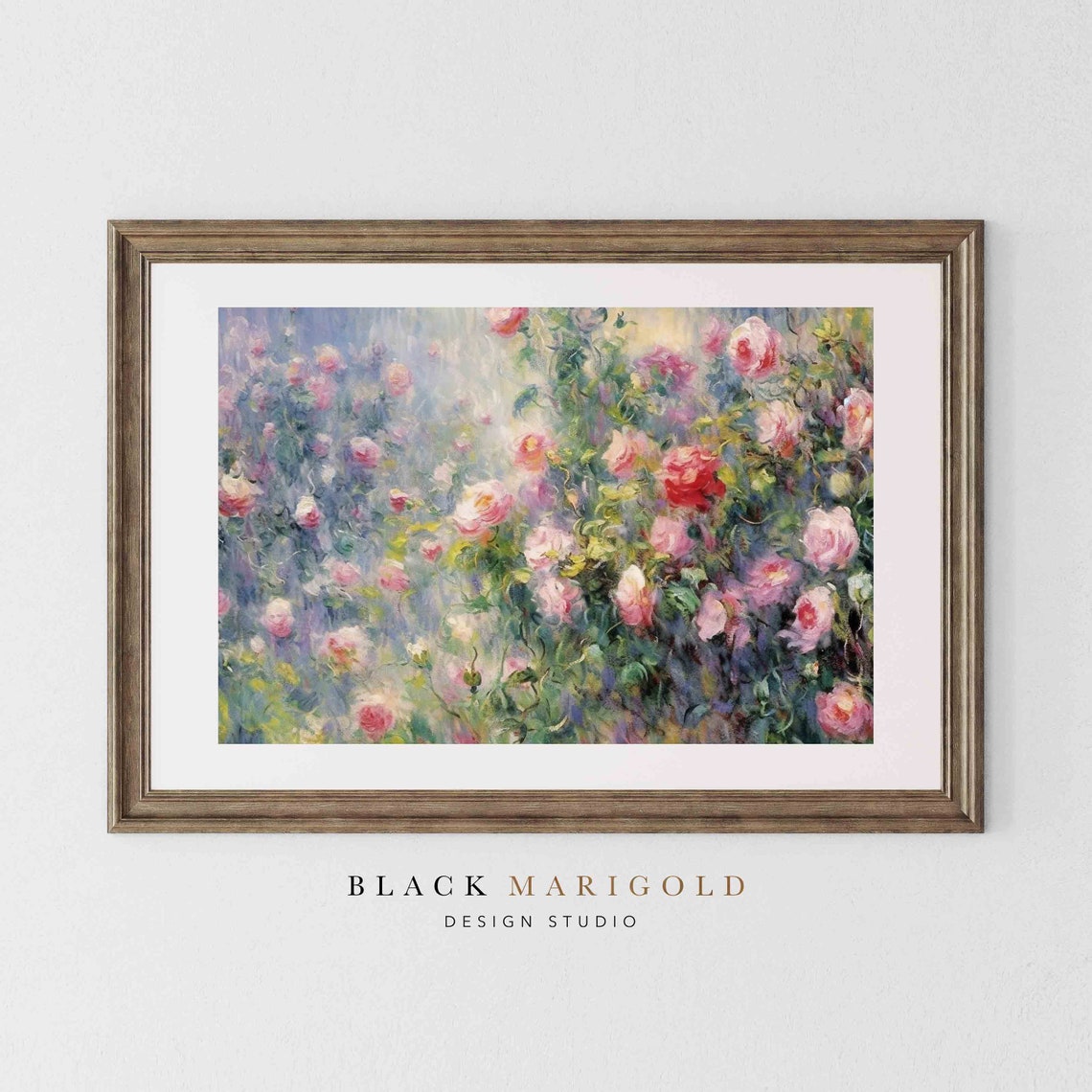 Pink Rose Garden in Bloom Impressionist Vintage Floral Poster