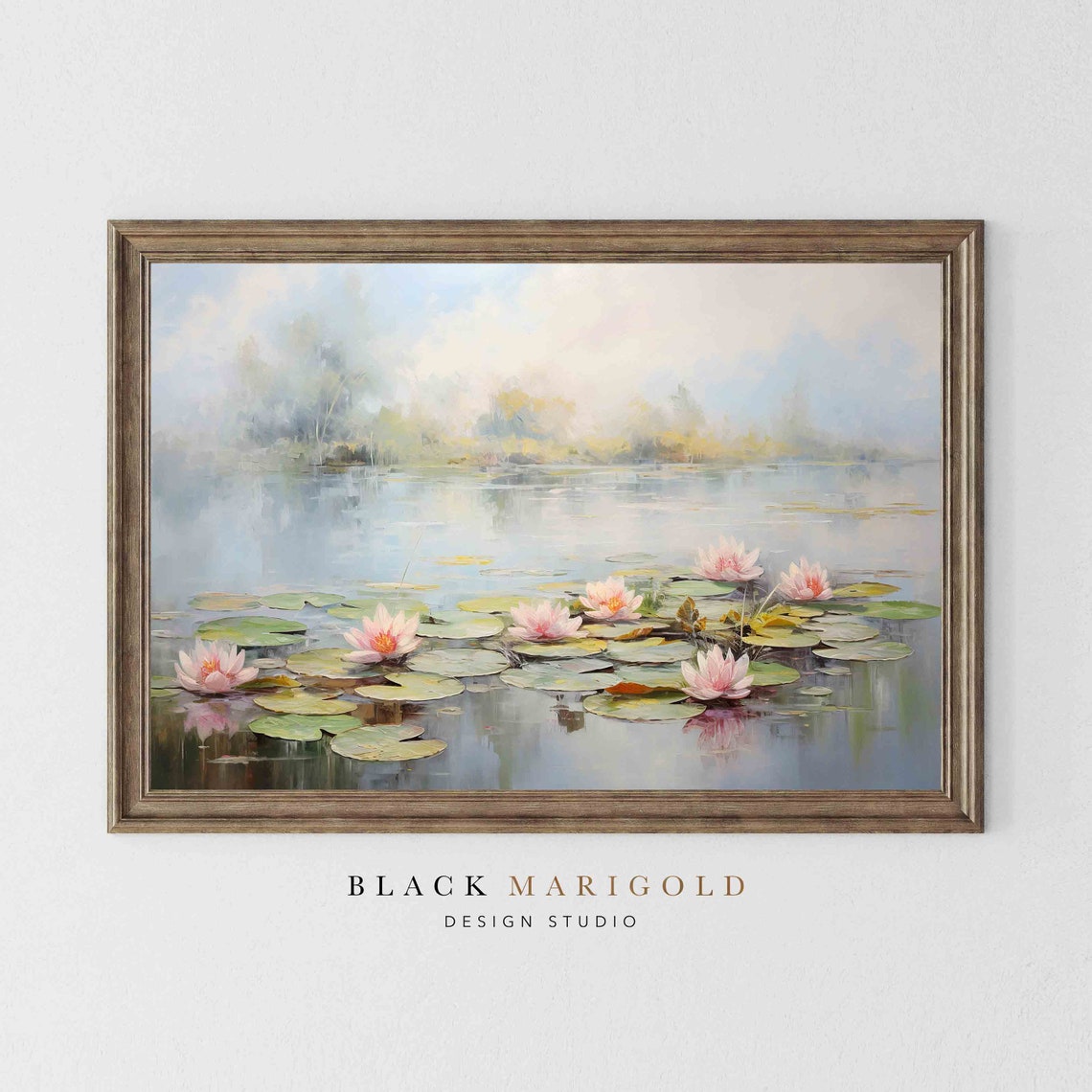 Pink Water Lilies on a Still Pond Impressionist Style Wall Art