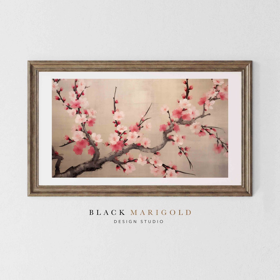 Pink Cherry Blossom Branches on Vintage Papyrus Style Poster
