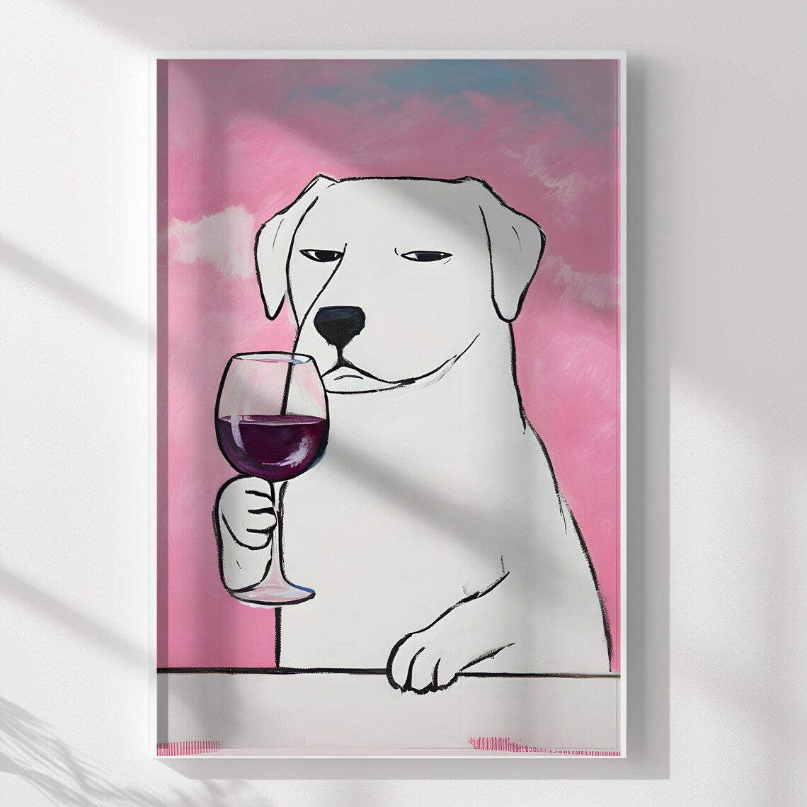 White Dog Sipping Red Wine Pink Background Funny Pet Art Poster - Image 3
