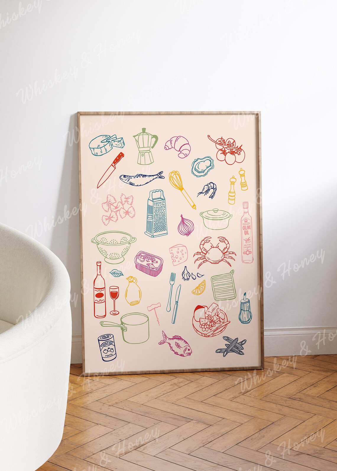Italian Kitchen Icons Collage Colorful Tasty Food Line Art Poster - Image 4